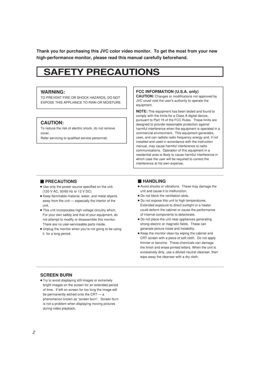 JVC TM-910SU specifications Safety Precautions, FCC Information U.S.A. only 