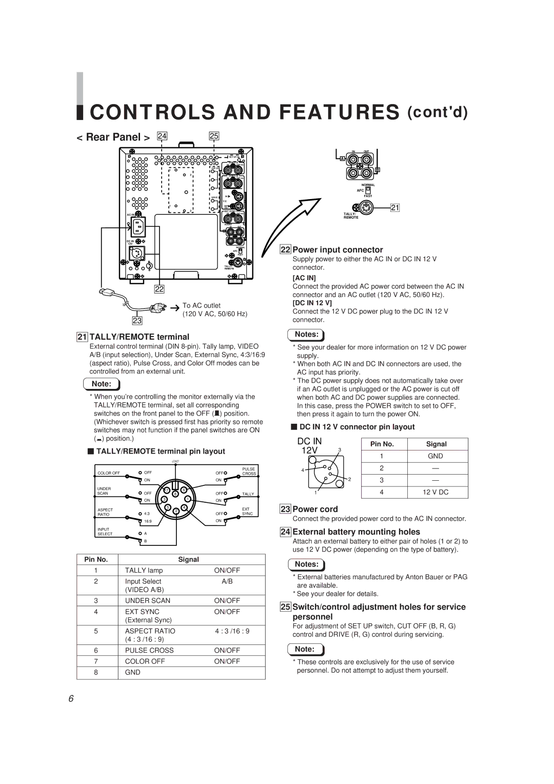 JVC TM-910SU specifications Power input connector, TALLY/REMOTE terminal, Power cord, External battery mounting holes 