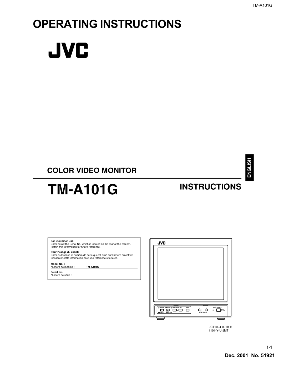 JVC TM-A101G manual For Customer Use, Pour l’usage du client 