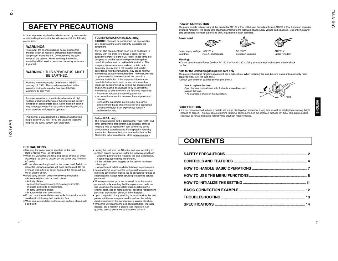 JVC TM-A101G manual Safety Precautions 