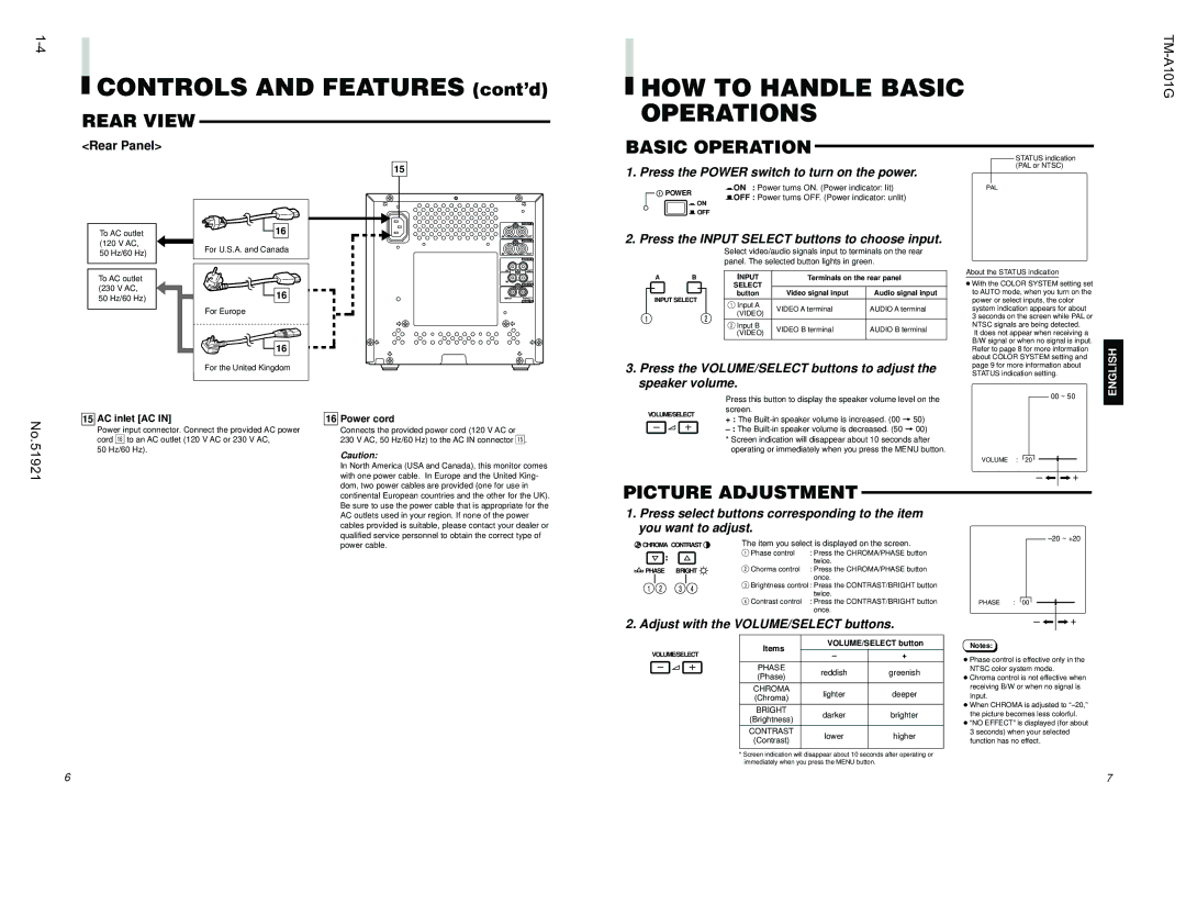 JVC TM-A101G manual HOW to Handle Basic Operations, Picture Adjustment 