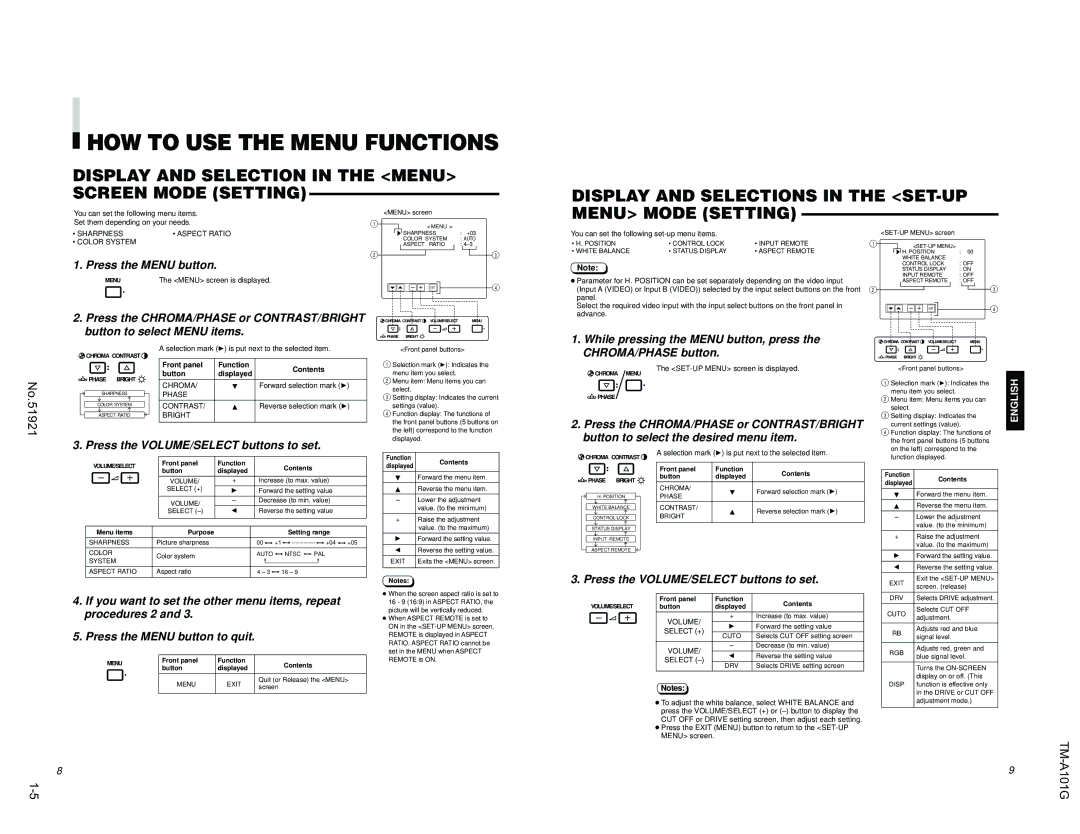 JVC TM-A101G Display and Selection in the Menu Screen Mode Setting, Display and Selections in the SET-UP Menu Mode Setting 