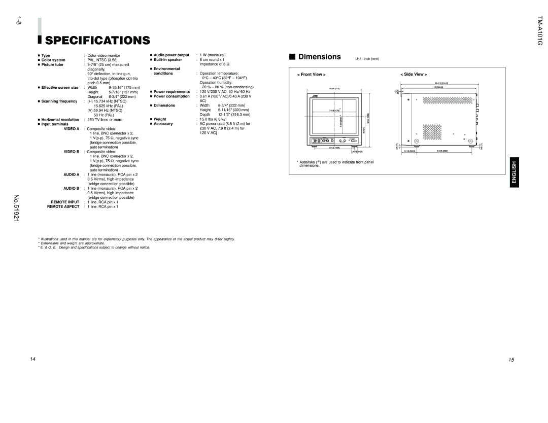 JVC TM-A101G manual Specifications, Front View, Side View 