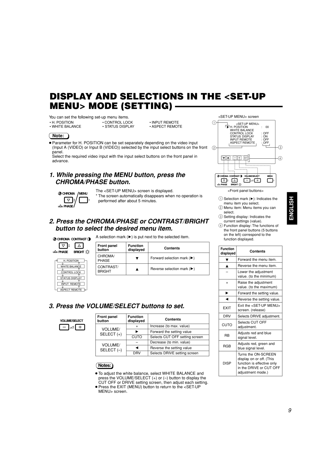 JVC TM-A101G Display and Selections in the SET-UP Menu Mode Setting, You can set the following set-up menu items, Advance 