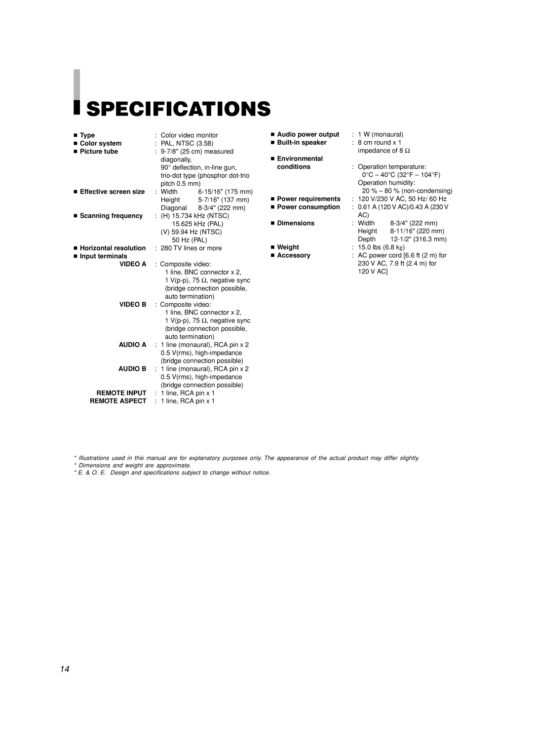 JVC TM-A101G manual Specifications 