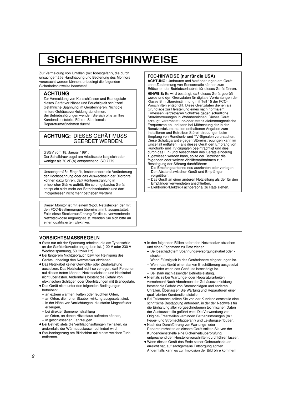 JVC TM-A101G manual Vorsichtsmassregeln, FCC-HINWEISE nur für die USA 