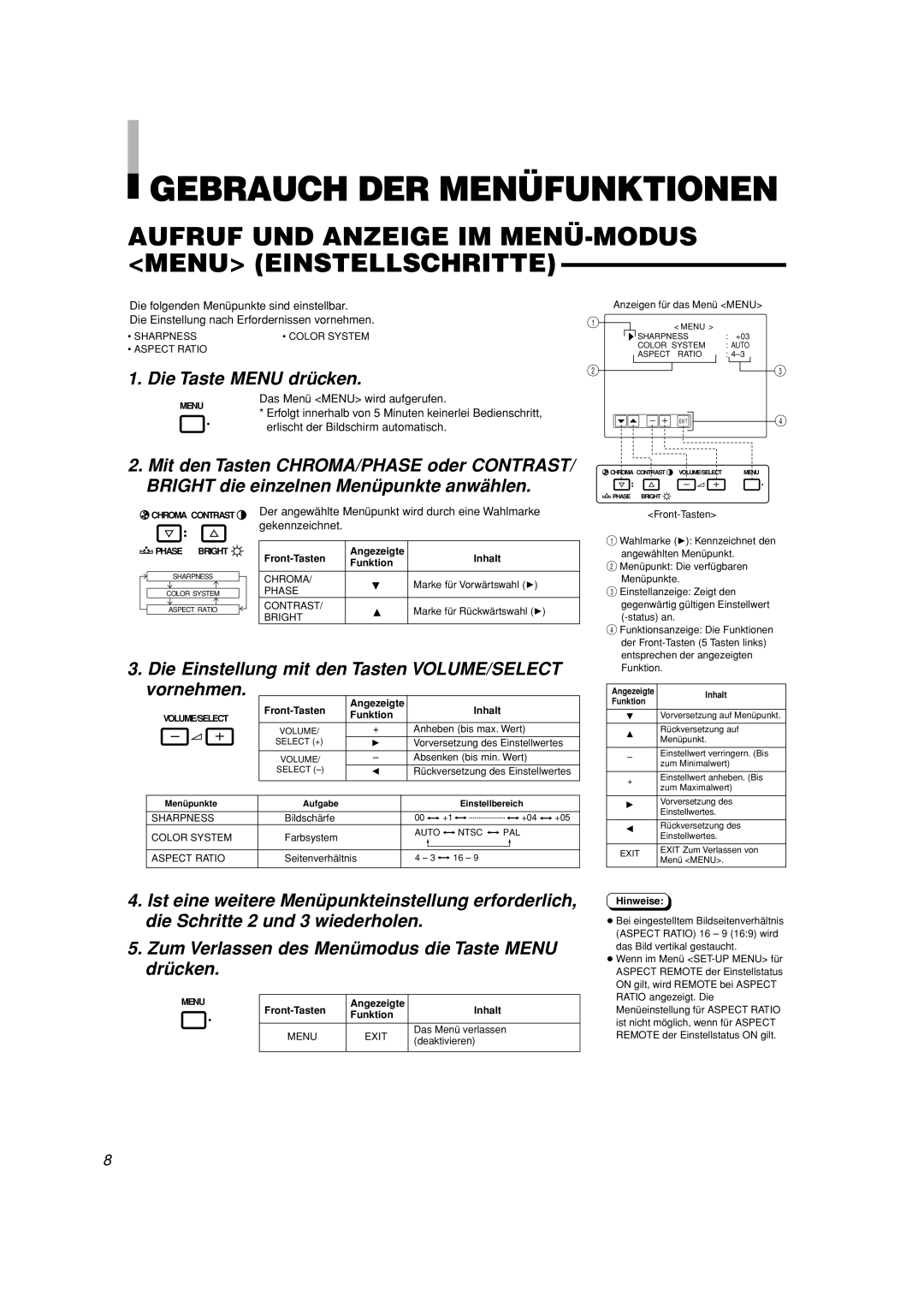 JVC TM-A101G Gebrauch DER Menüfunktionen, Aufruf UND Anzeige IM MENÜ-MODUS Menu Einstellschritte, Die Taste Menu drücken 