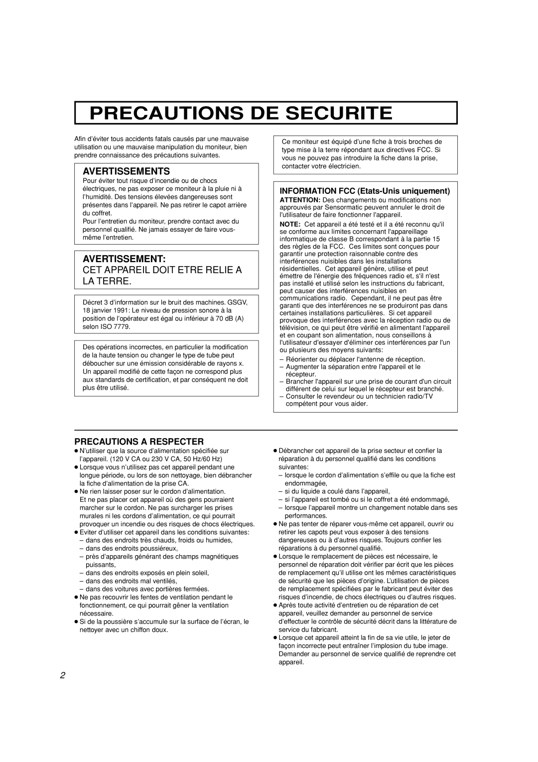 JVC TM-A101G manual Precautions a Respecter, Information FCC Etats-Unis uniquement 