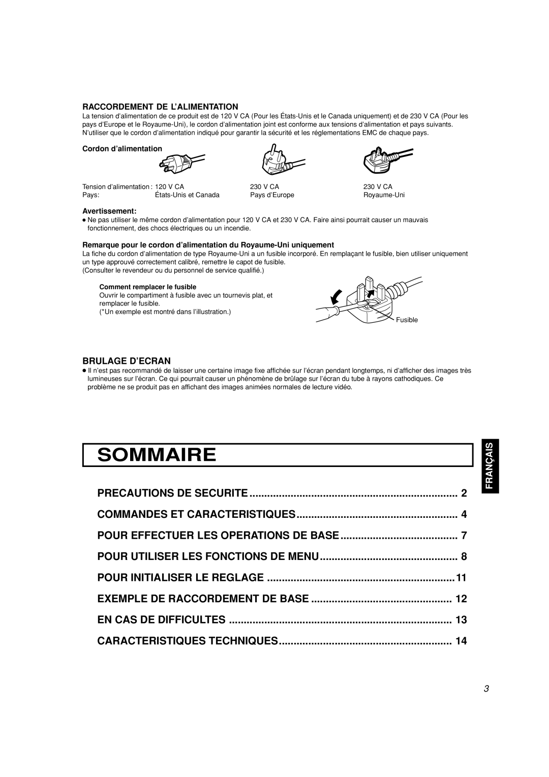 JVC TM-A101G manual Brulage D’ECRAN, Raccordement DE L’ALIMENTATION, Cordon d’alimentation, Avertissement, Fusible 