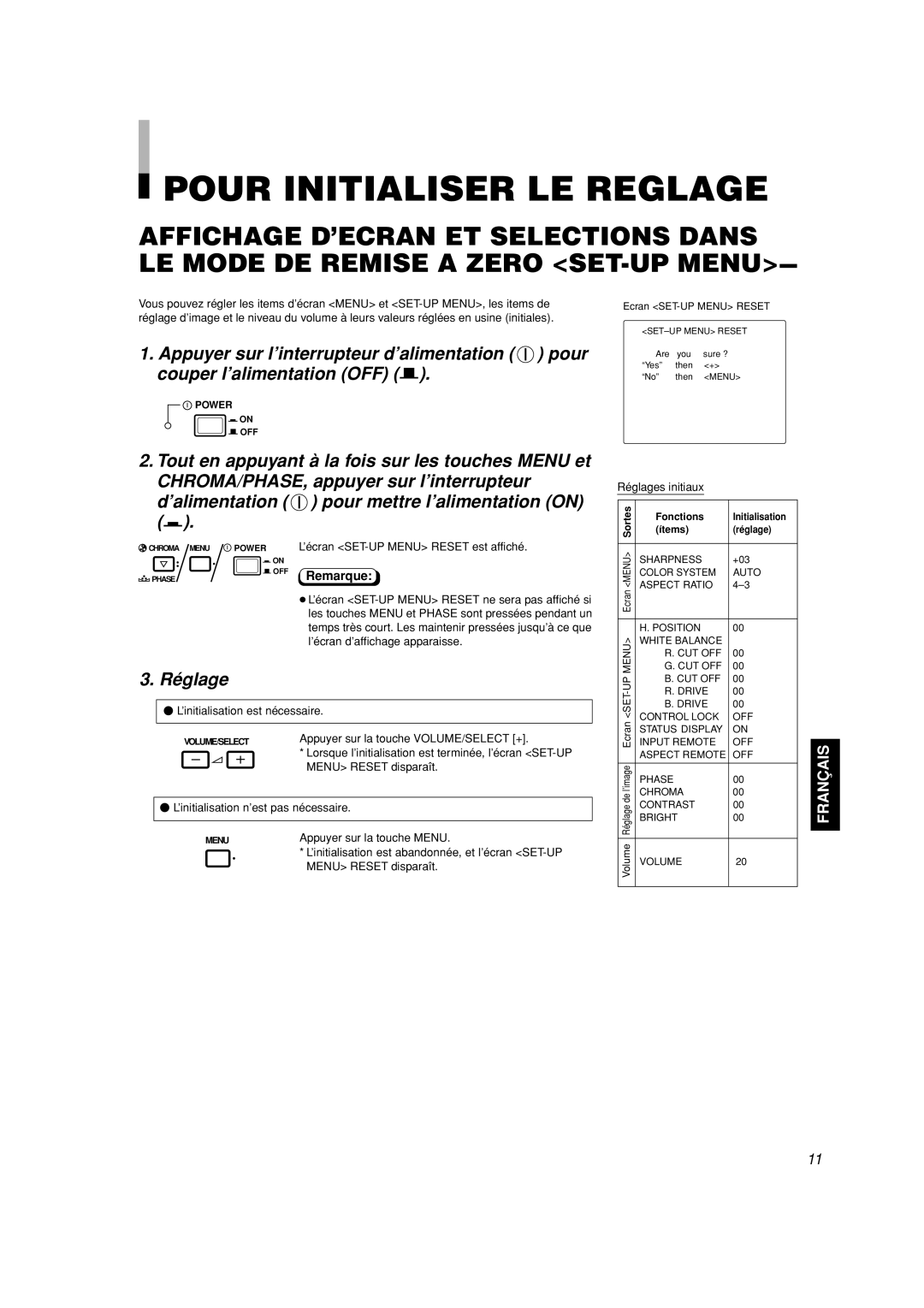 JVC TM-A101G manual Pour Initialiser LE Reglage, Réglage, Appuyer sur la touche VOLUME/SELECT + 