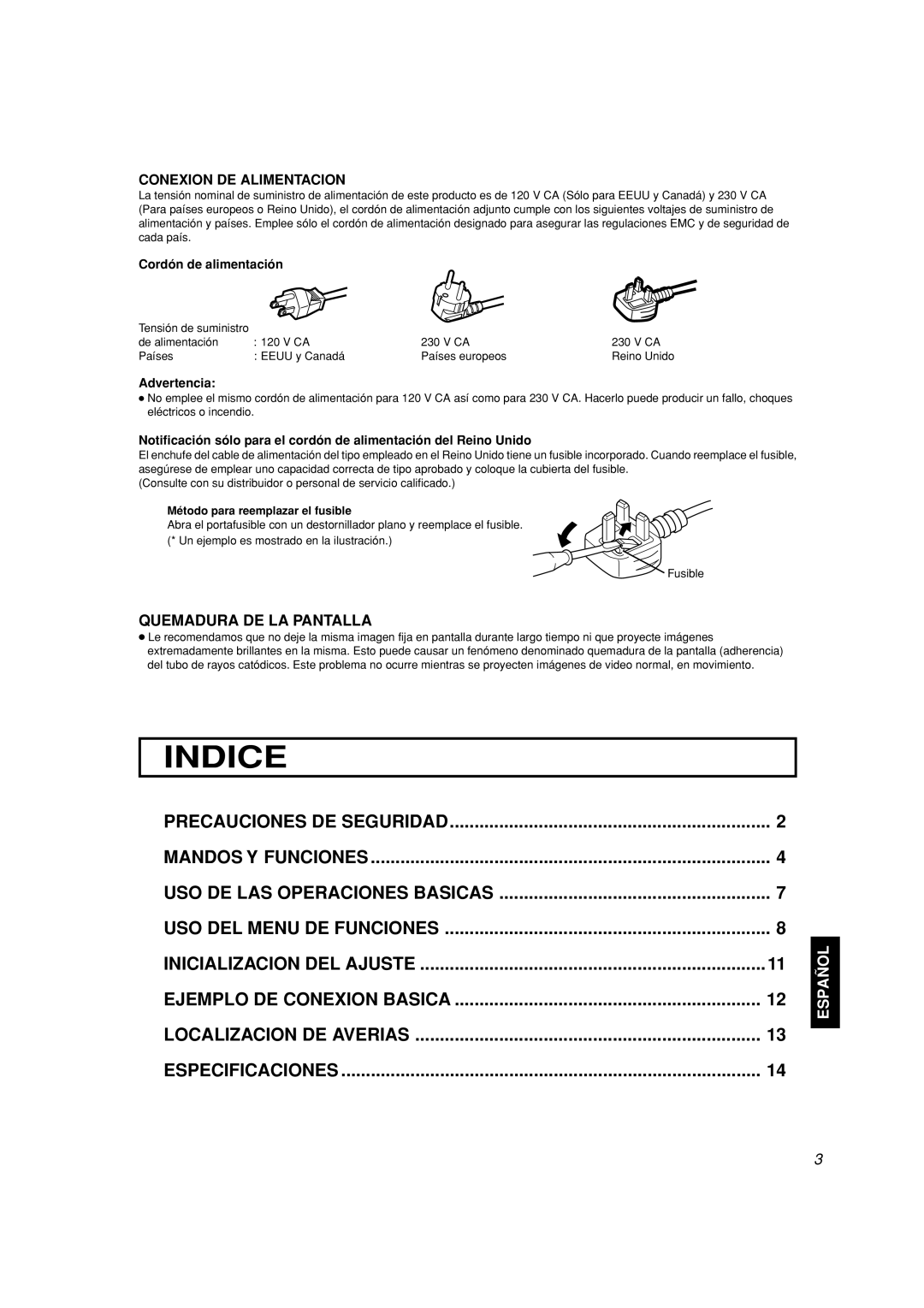 JVC TM-A101G manual Quemadura DE LA Pantalla, Conexion DE Alimentacion, Cordón de alimentación, Advertencia 