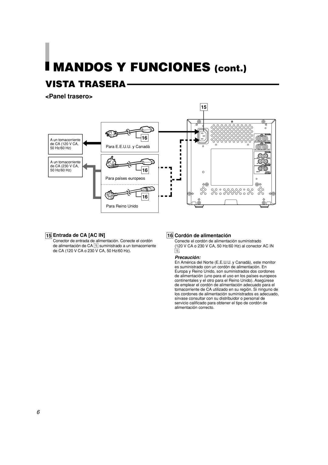 JVC TM-A101G manual Entrada de CA AC, Cordón de alimentación 