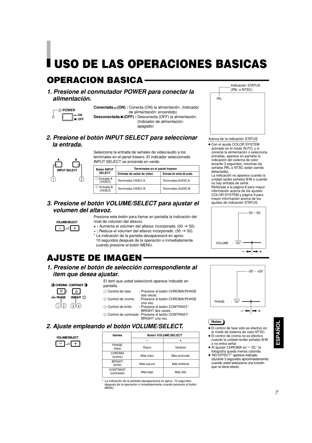 JVC TM-A101G manual USO DE LAS Operaciones Basicas, Operacion Basica, Ajuste DE Imagen 