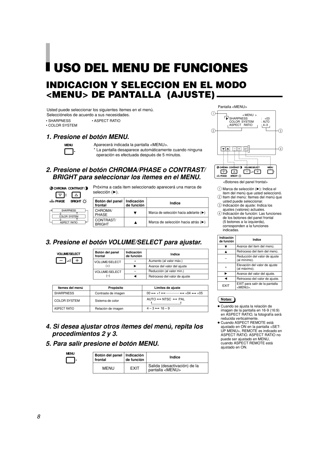 JVC TM-A101G USO DEL Menu DE Funciones, Indicacion Y Seleccion EN EL Modo Menu DE Pantalla Ajuste, Presione el botón Menu 