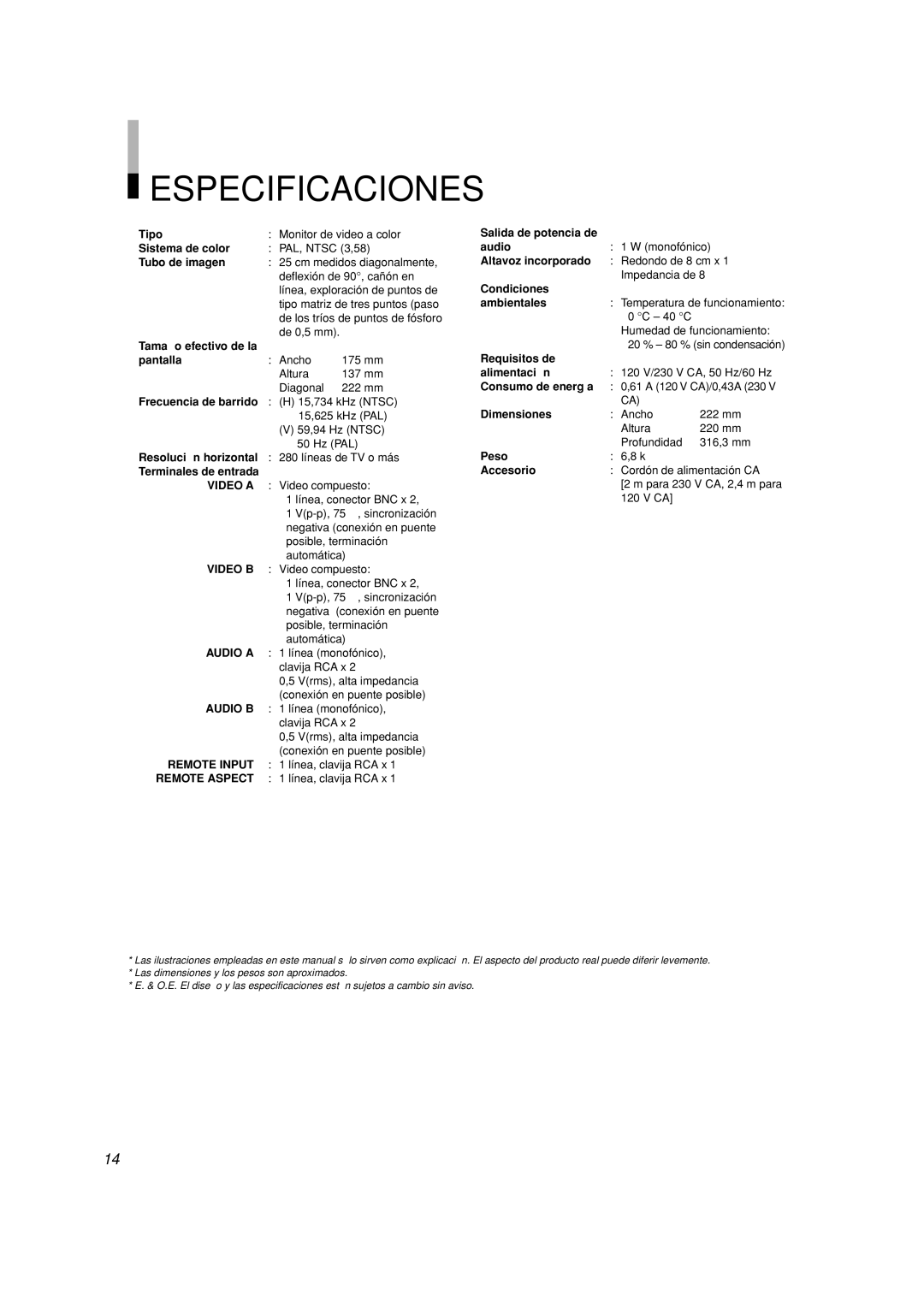 JVC TM-A101G manual Especificaciones 