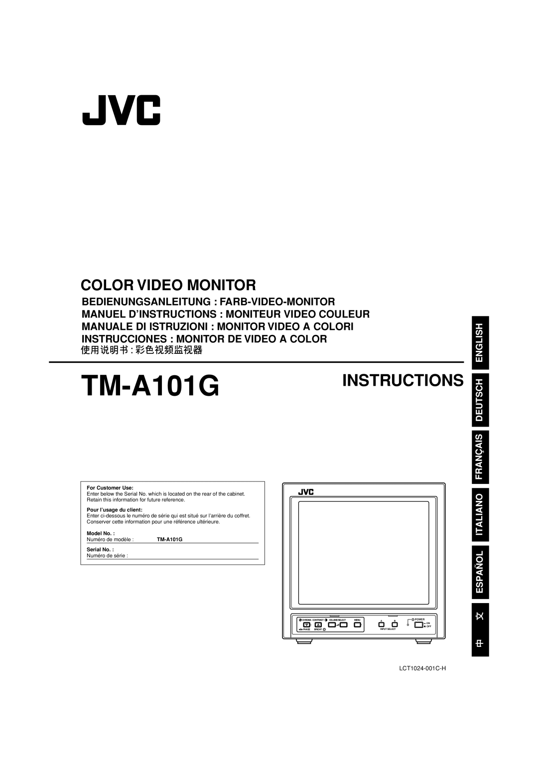 JVC TM-A101G manual Color Video Monitor, Bedienungsanleitung Farb-Video-Monitor, Instrucciones Monitor De Video A Color 