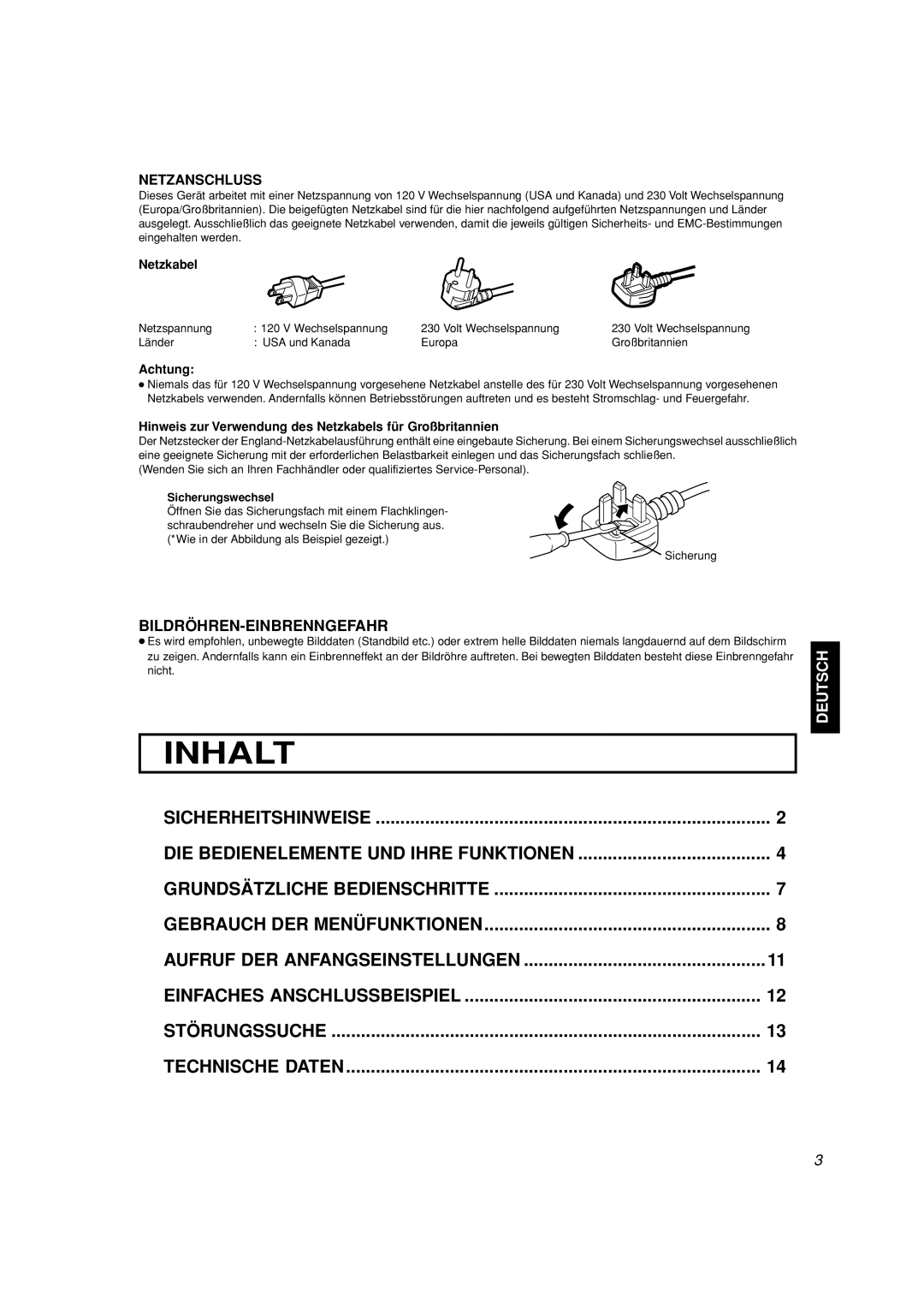 JVC TM-A101G manual Inhalt, Sicherheitshinweise, Grundsätzliche Bedienschritte, Gebrauch Der Menüfunktionen, Störungssuche 