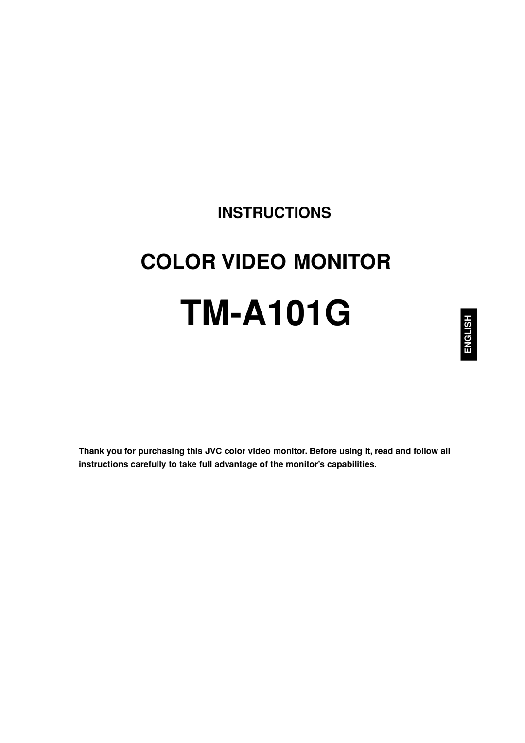 JVC TM-A101G manual Color Video Monitor, Instructions, English 