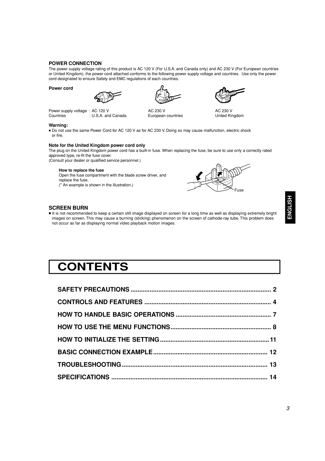 JVC TM-A101G Contents, Safety Precautions, Controls And Features, How To Use The Menu Functions, Basic Connection Example 