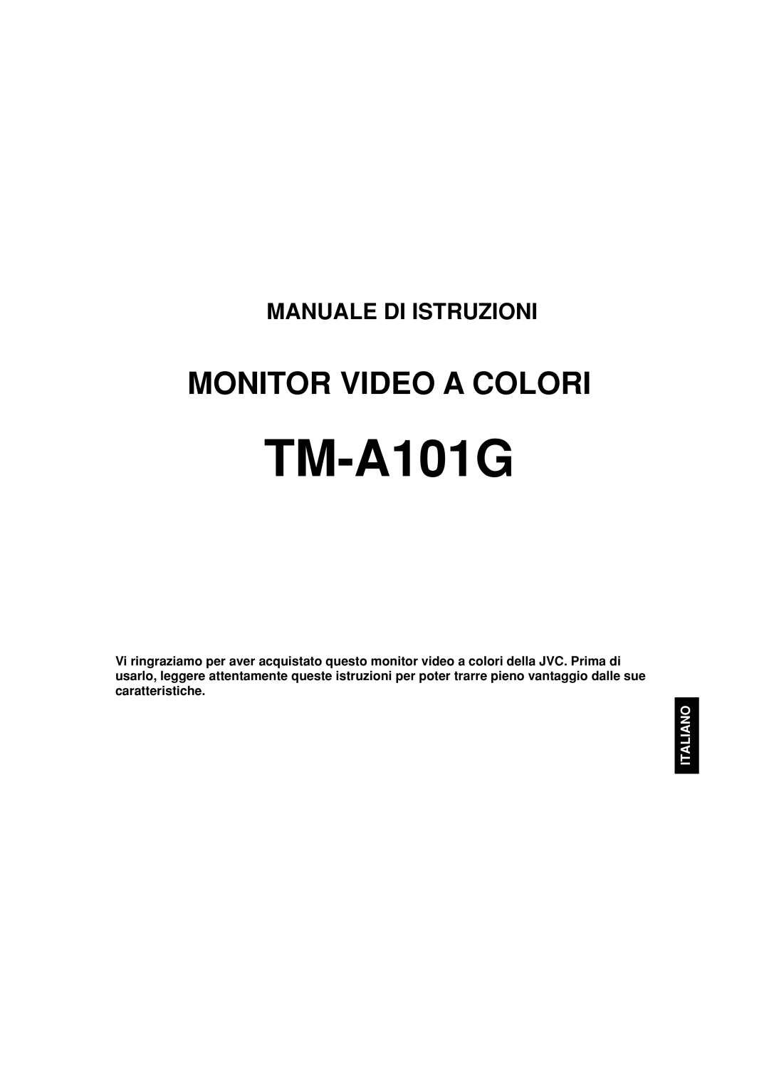 JVC TM-A101G manual Monitor Video A Colori, Manuale Di Istruzioni, Italiano 