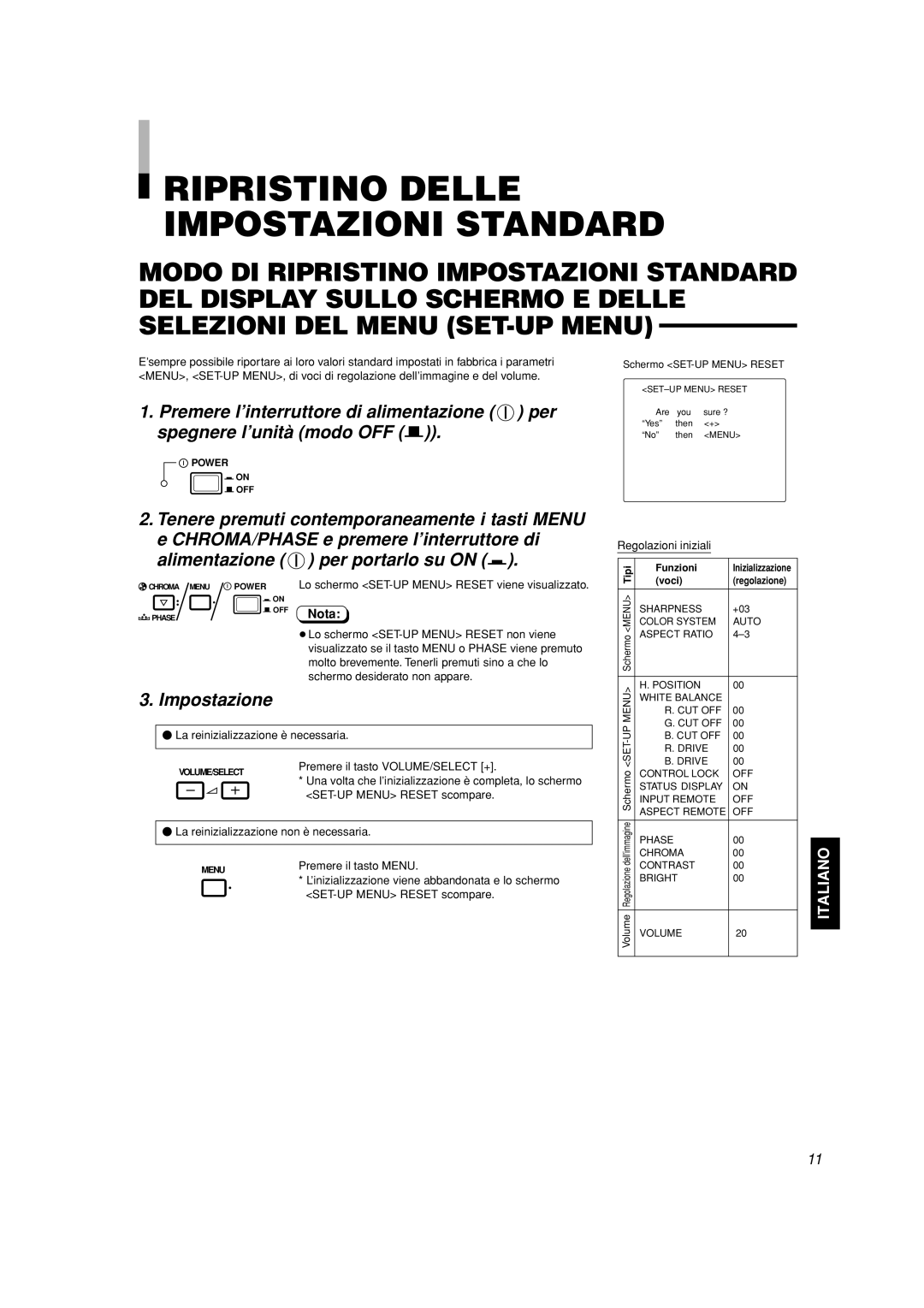 JVC TM-A101G manual Ripristino Delle Impostazioni Standard, Impostazione, Italiano, Nota 