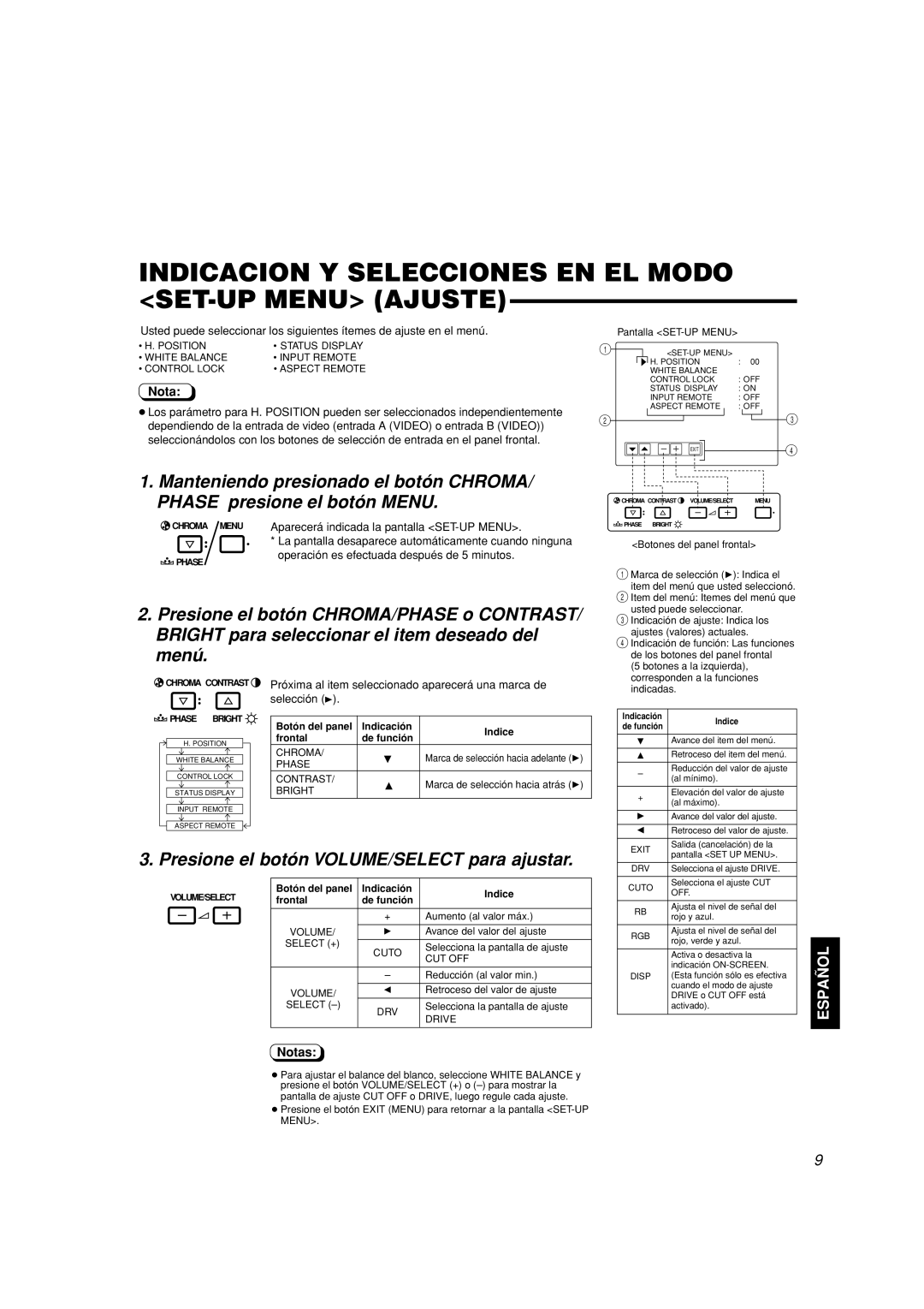 JVC TM-A101G Indicacion Y Selecciones En El Modo Set-Up Menu Ajuste, Presione el botón VOLUME/SELECT para ajustar, Español 