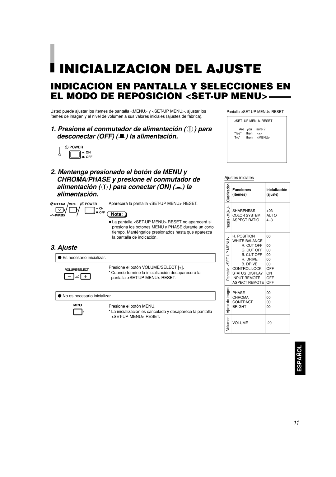 JVC TM-A101G manual Inicializacion Del Ajuste, alimentación para conectar ON g la alimentación, Español, Nota 