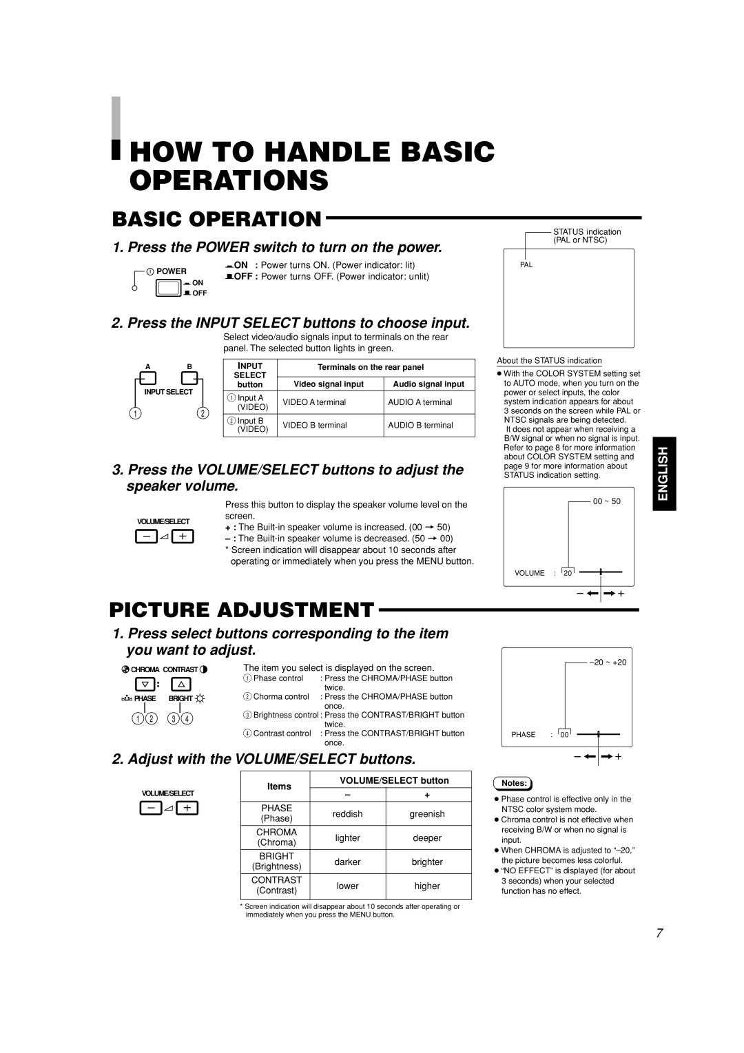 JVC TM-A101G manual How To Handle Basic Operations, Picture Adjustment, Press the POWER switch to turn on the power 