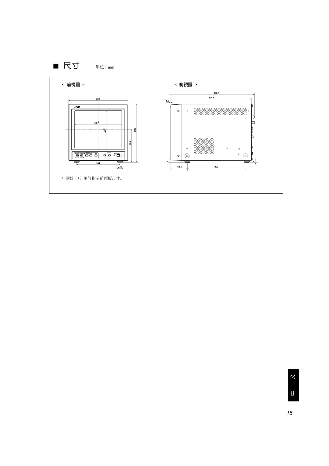 JVC TM-A101G manual 7 尺寸 單位︰mm, 164 ø22, 316.3 304.8 1.5, 63.5, Power, Chroma Contrast Volume/Select, Menu, Input Select 