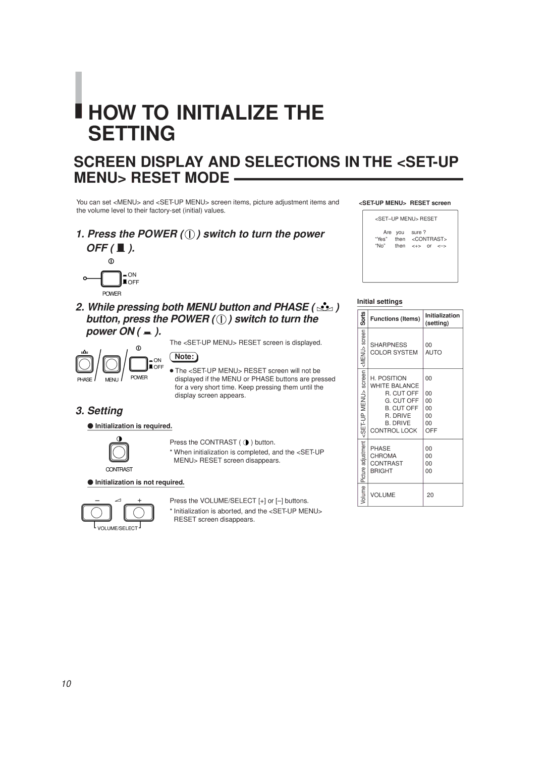 JVC TM-A130SU HOW to Initialize Setting, Screen Display and Selections in the SET-UP Menu Reset Mode, Initial settings 