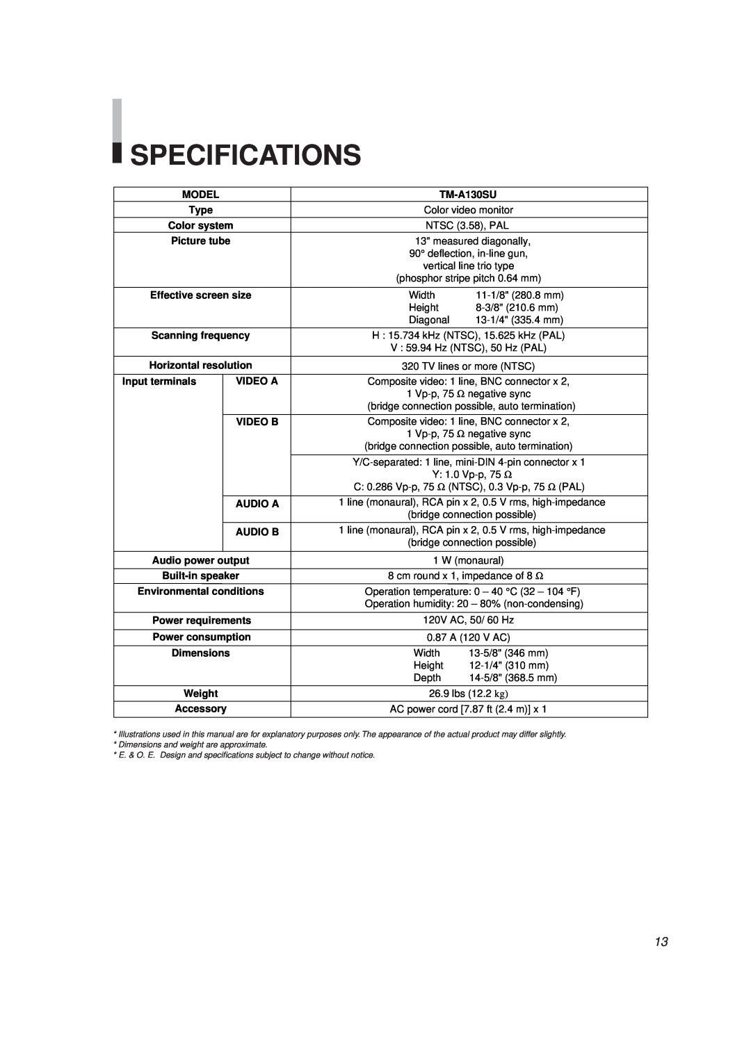 JVC TM-A130SU manual Specifications 