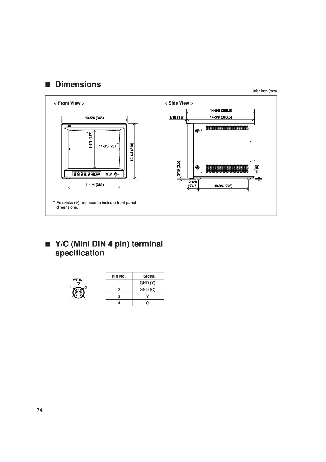 JVC TM-A130SU Dimensions, 7 Y/C Mini DIN 4 pin terminal specification, 13-5/8, 11-3/8, 11-1/4, 14-5/8, 1/16, 14-3/8, 2-5/8 