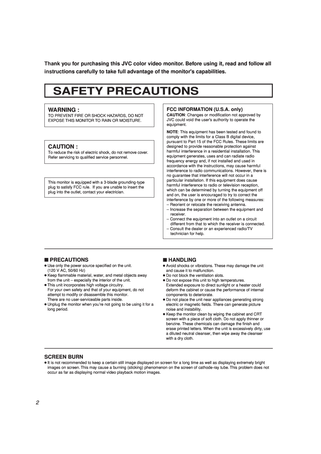 JVC TM-A130SU manual Safety Precautions, Handling, Screen Burn 