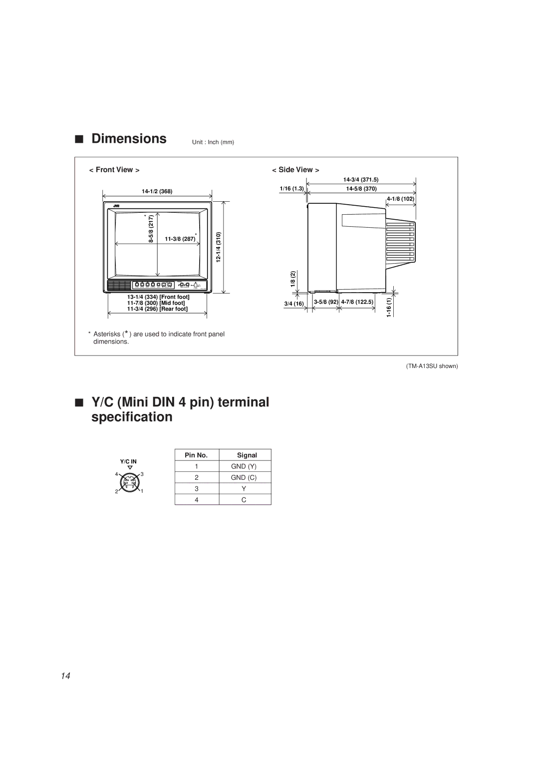 JVC TM-A13SU-W, TM-A13UCV manual Dimensions, Pin No Signal 