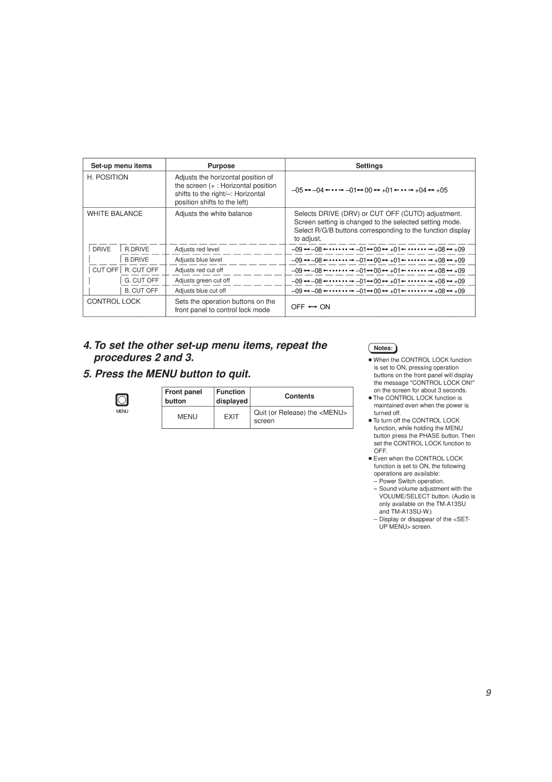 JVC TM-A13SU-W, TM-A13UCV manual Set-up menu items Purpose Settings, Position, Control Lock, Off 