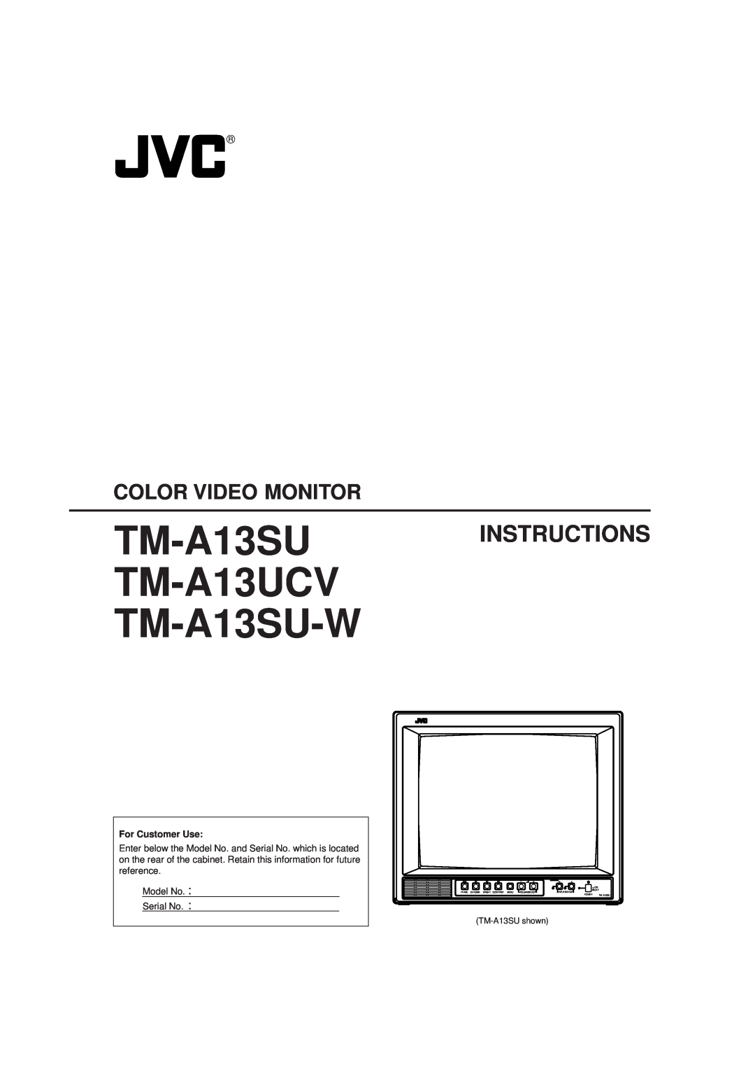 JVC manual Color Video Monitor, TM-A13SU TM-A13UCV TM-A13SU-W, Instructions, Phase Chroma Bright Contrast Menu, Power 