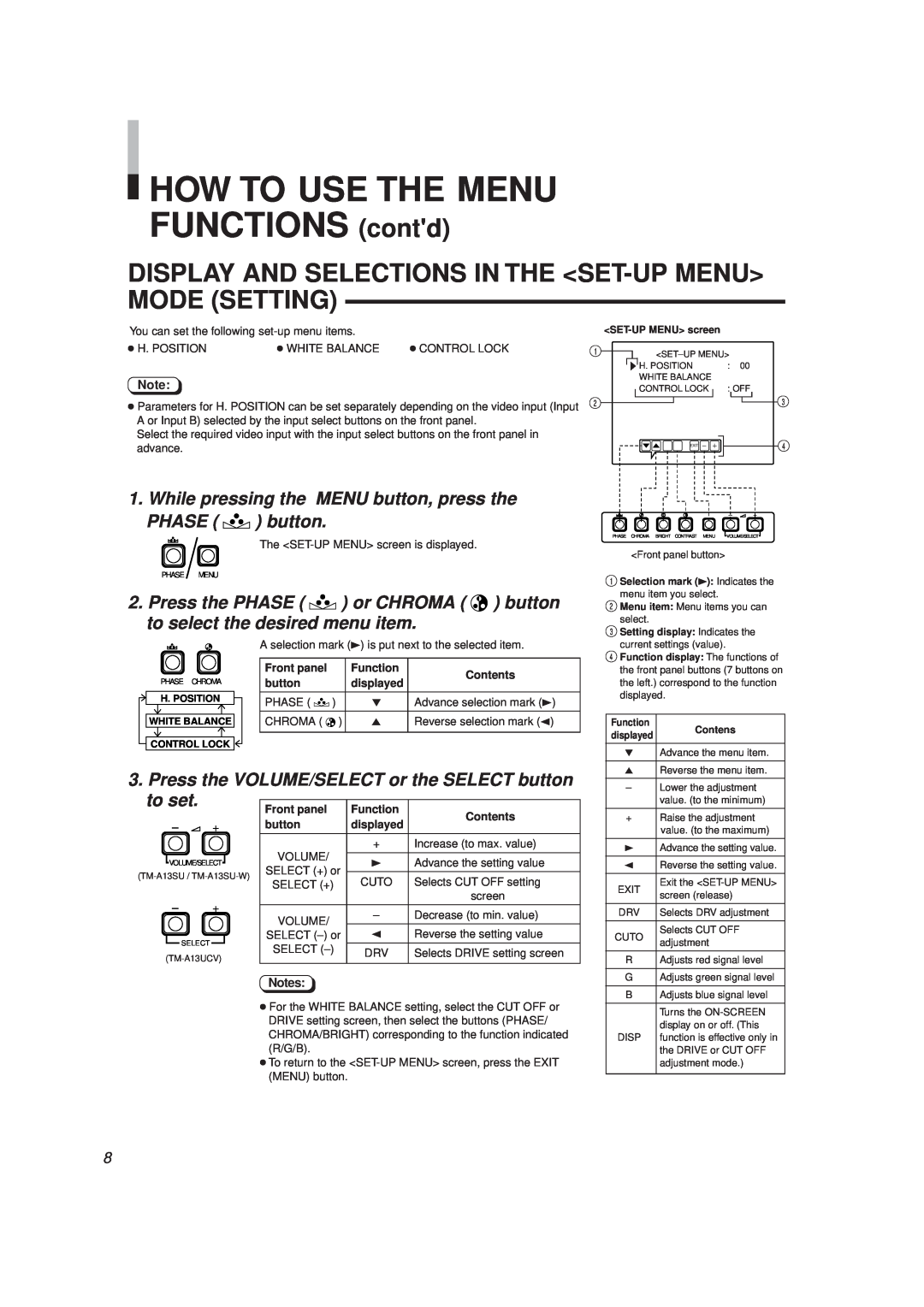 JVC TM-A13SU manual HOW TO USE THE MENU FUNCTIONS contd, Display And Selections In The Set-Up Menu Mode Setting, to set 