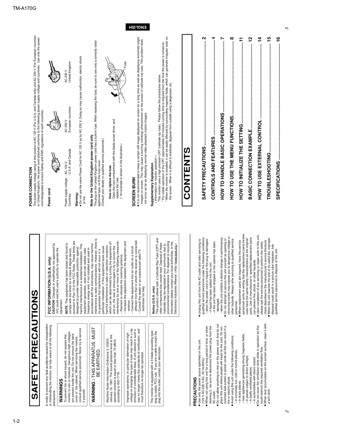 JVC TM-A170G manual Contents 