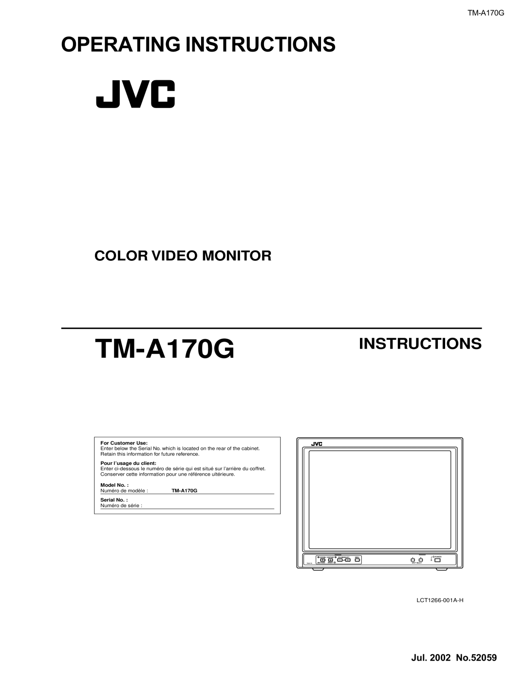 JVC TM-A170G manual For Customer Use, Pour l’usage du client 