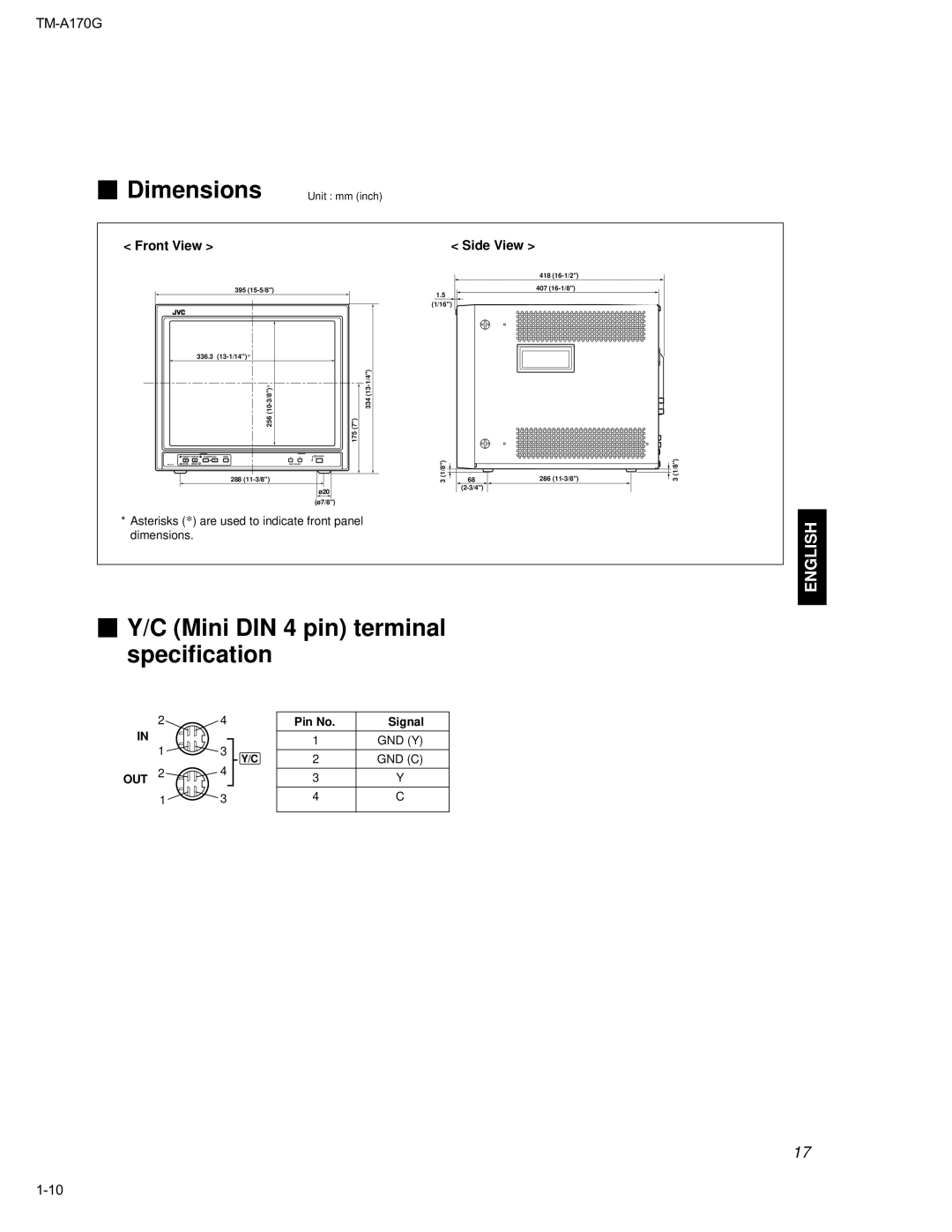 JVC TM-A170G manual  Dimensions, Unit mm inch 