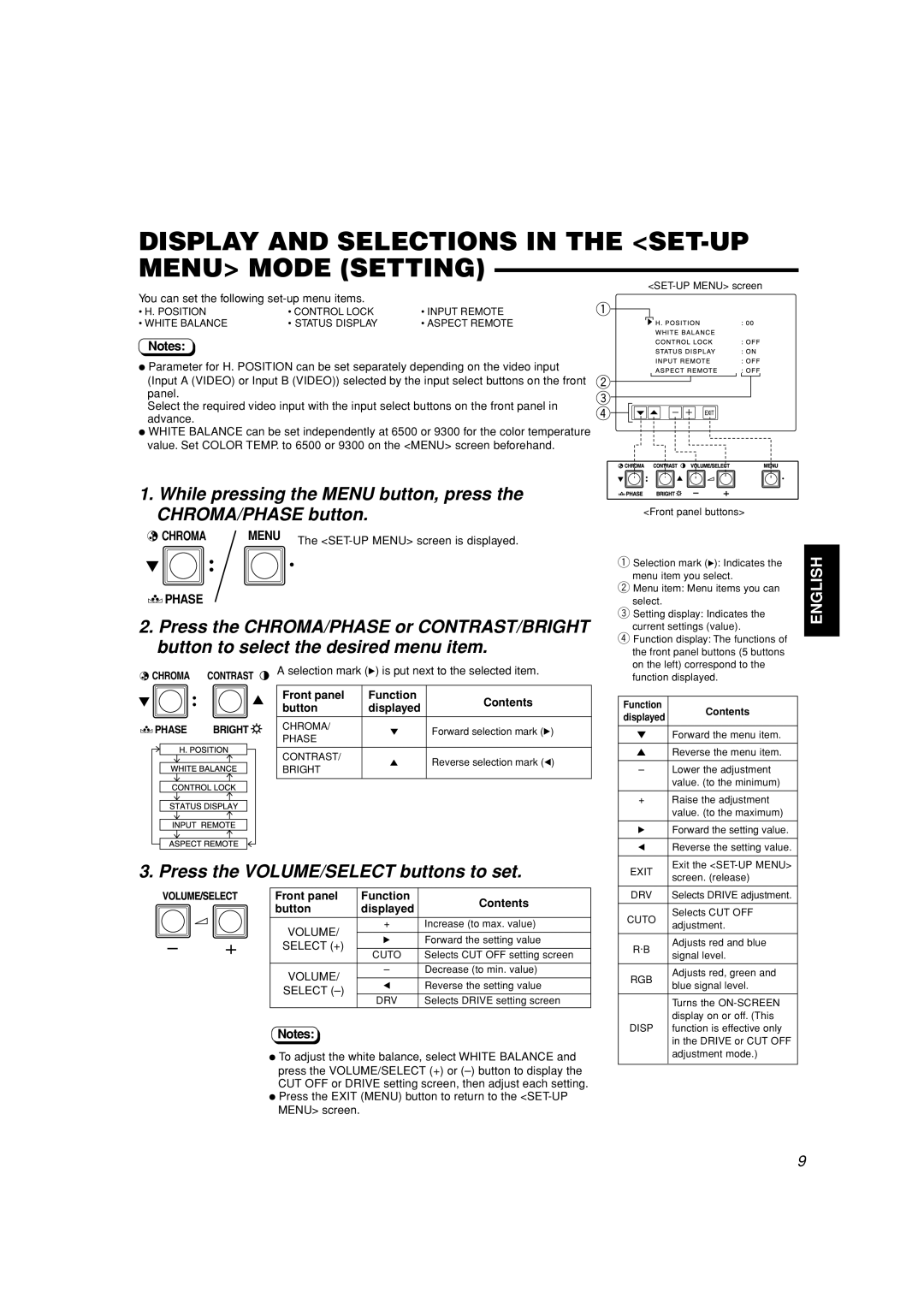 JVC TM-A210G Display and Selections in the SET-UP Menu Mode Setting, Selection mark 3 is put next to the selected item 