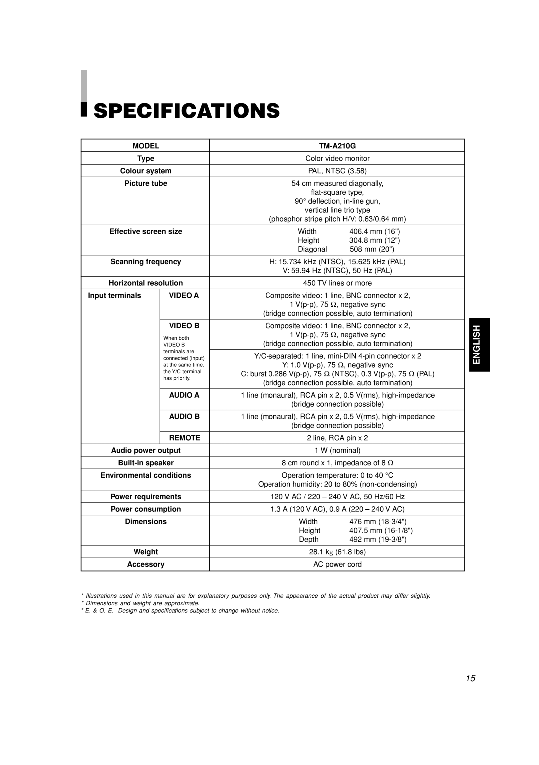 JVC TM-A210G manual Specifications 