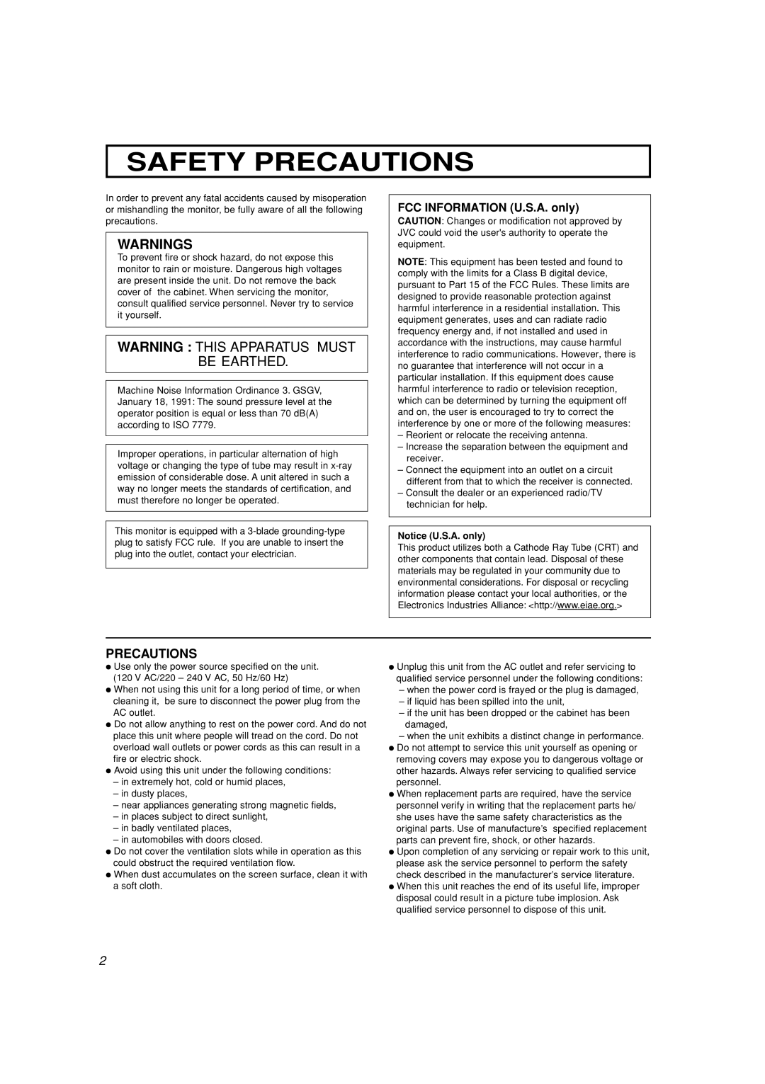 JVC TM-A210G manual Safety Precautions, FCC Information U.S.A. only 