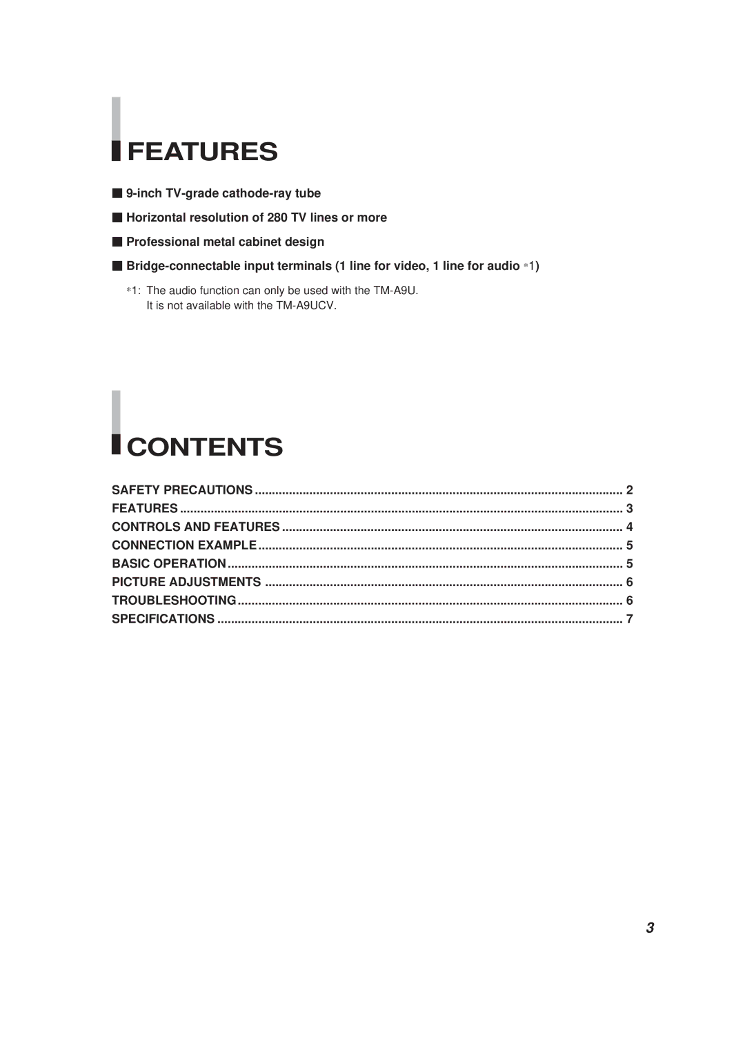 JVC TM-A9UCV manual Features, Contents 