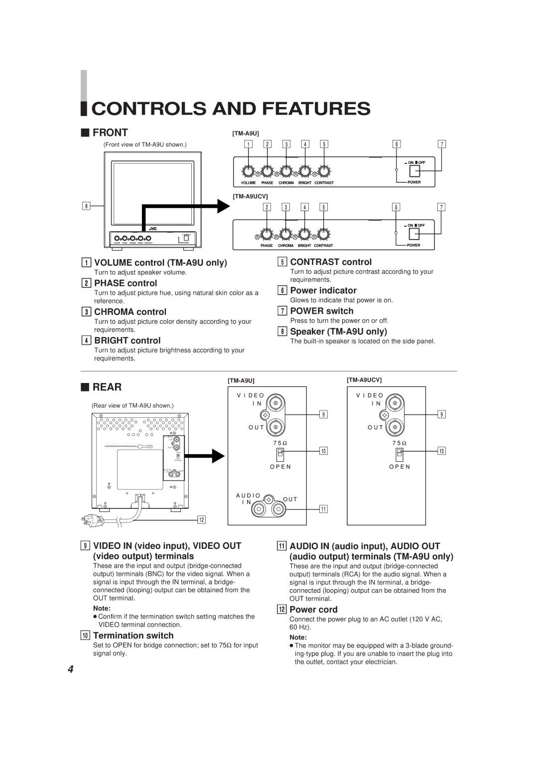 JVC TM-A9UCV manual Controls and Features 