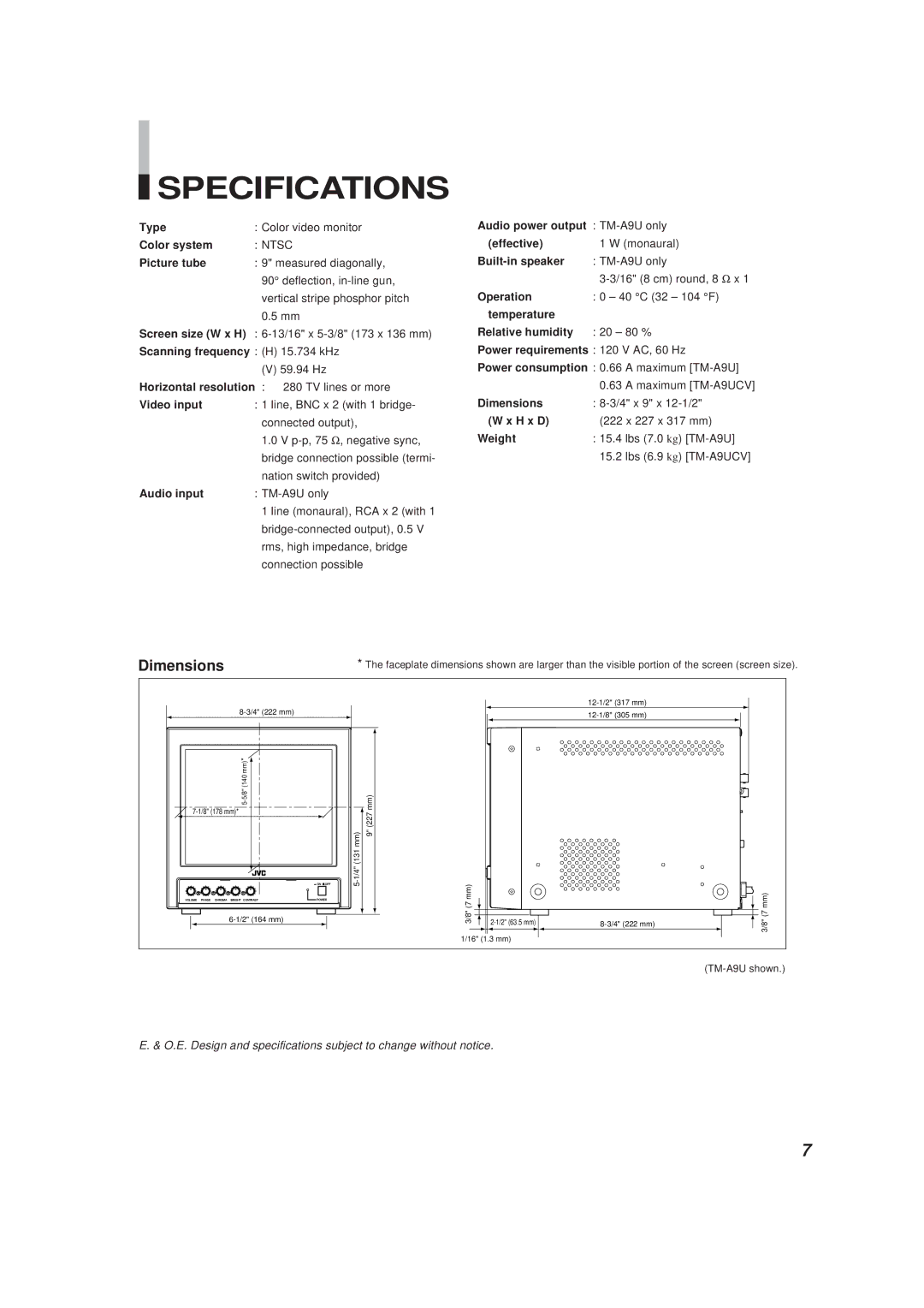 JVC TM-A9UCV manual Specifications, Dimensions 