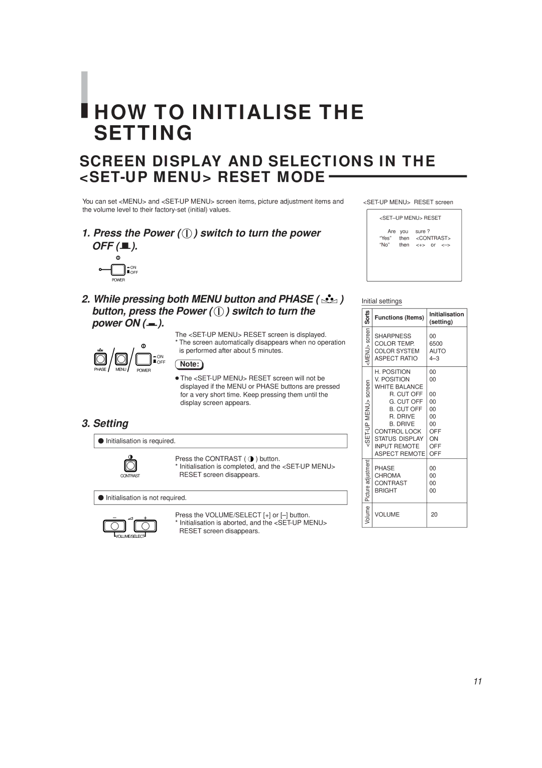 JVC TM-H1375SU HOW to Initialise the Setting, Screen Display and Selections in the SET-UP Menu Reset Mode, Power on g 