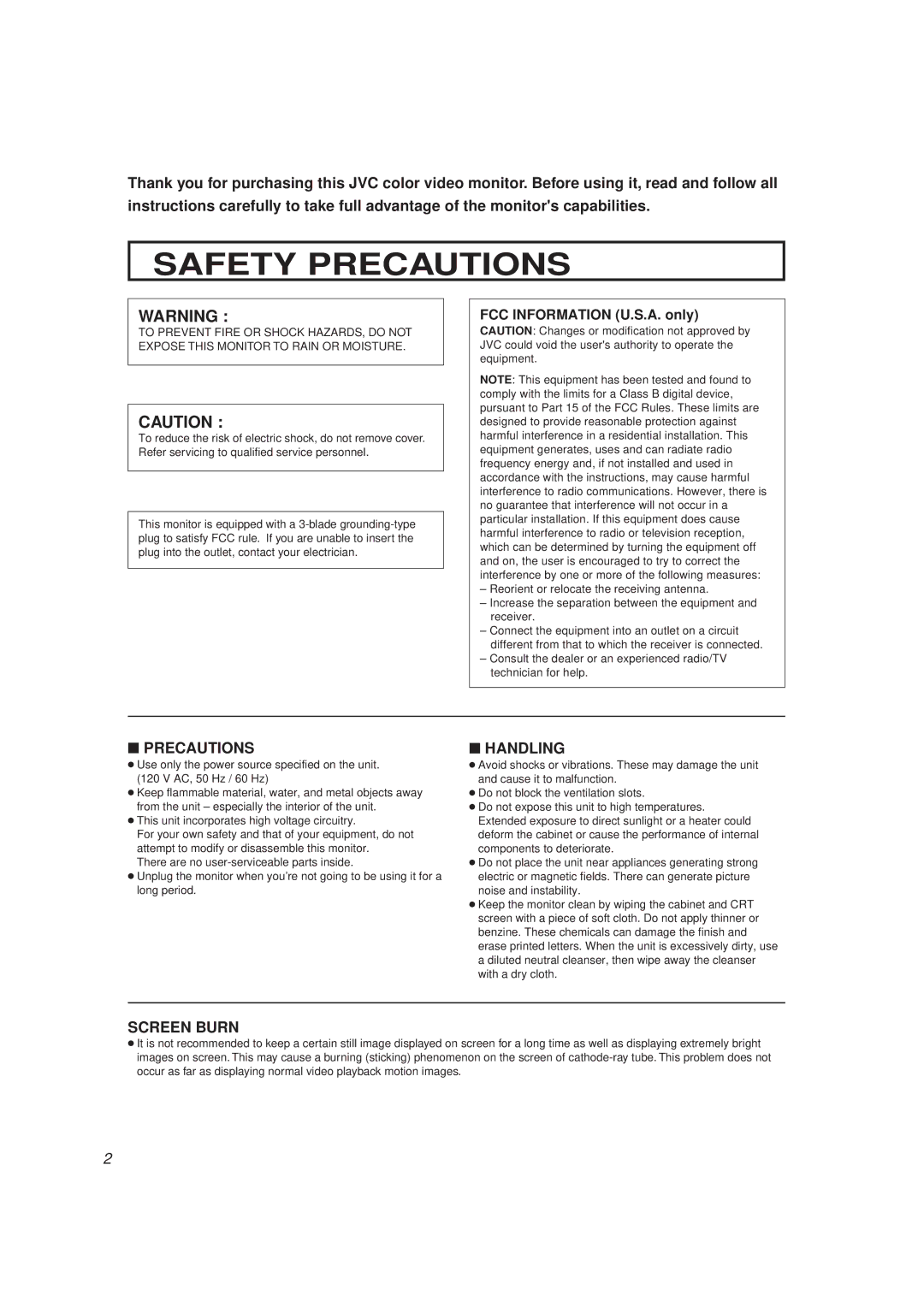 JVC TM-H1375SU manual Safety Precautions, FCC Information U.S.A. only 