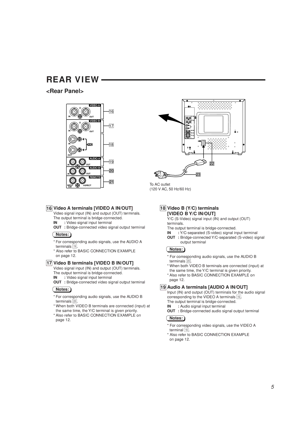 JVC TM-H1375SU manual Rear View, Video a terminals Video a IN/OUT, Video B terminals Video B IN/OUT 