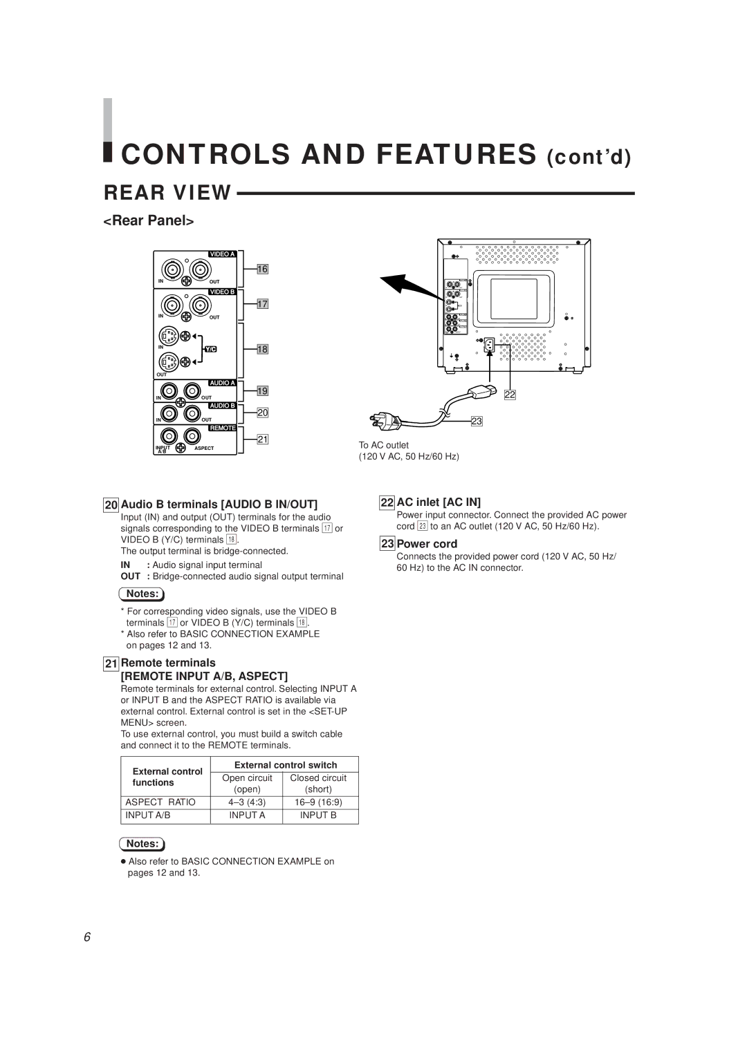 JVC TM-H1375SU manual Audio B terminals Audio B IN/OUT, AC inlet AC, Power cord, Remote terminals 